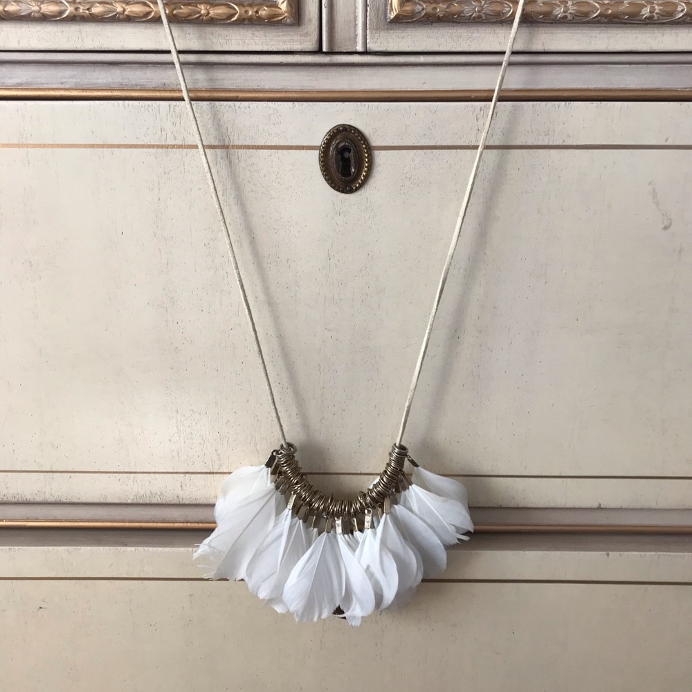 Boho long necklace with white feathers